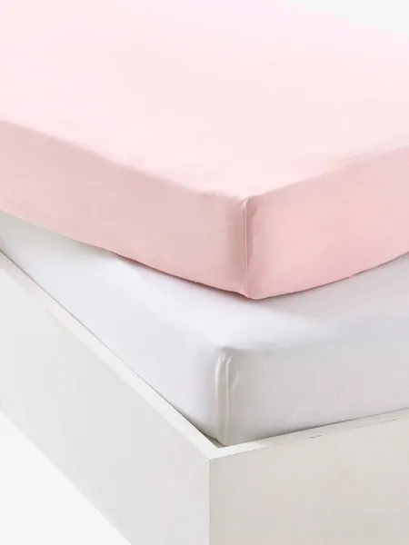 Lot de 2 draps-housses bébé en jersey extensible - rose pâle + blanc