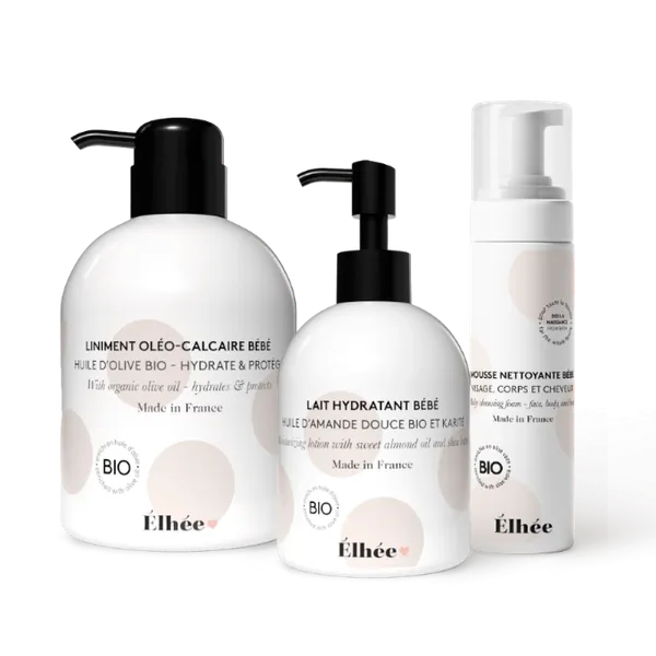 Coffret soins bébé bio | Liniment, lait hydratant & mousse lavante &ndash; Élhée