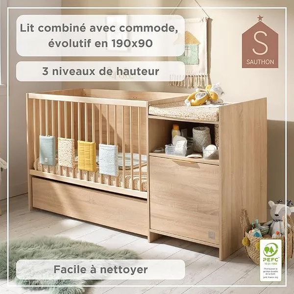 Sauthon Lit combiné 120x60 évolutif en 90x190 avec Porte décor chêne doré