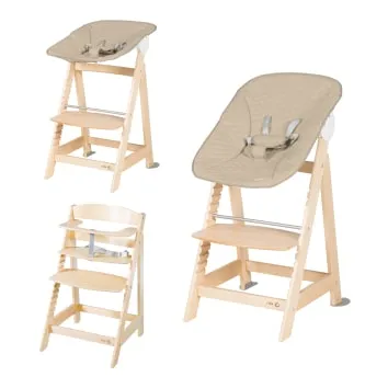 roba  GREYISH - Chaise haute avec transat cuir grège inclinable en bois naturel