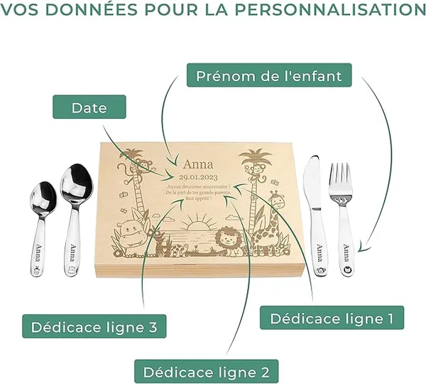 LAUBLUST Couverts pour Enfants gravés avec boîte - Cadeau personnalisée en Bois - Naturel