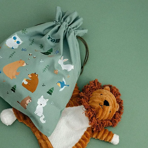 Sac coton personnalisable - jouets, doudou, goûter, change, livre, balade