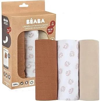 BÉABA, Lot de 3 Langes Bébé, Mousseline de Coton Biologique