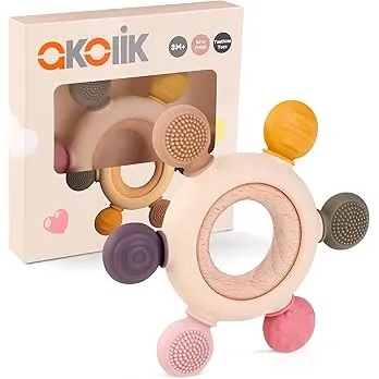 akolik Anneau de Dentition pour Bébé, en Silicone et Bois