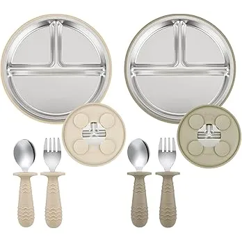 2 assiettes inox compartiment - 2 sets de couverts