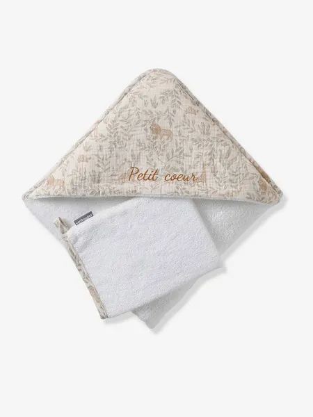 Cape de bain gaze de coton personnalisable + gant de toilette BABYLON beige imprimé - Vertbaudet