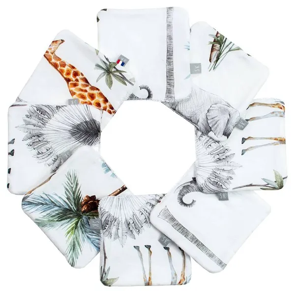 Lingettes bébé lavables en  coton 8 pièces stella safari, vert, gris, blanc - Sevira Kids