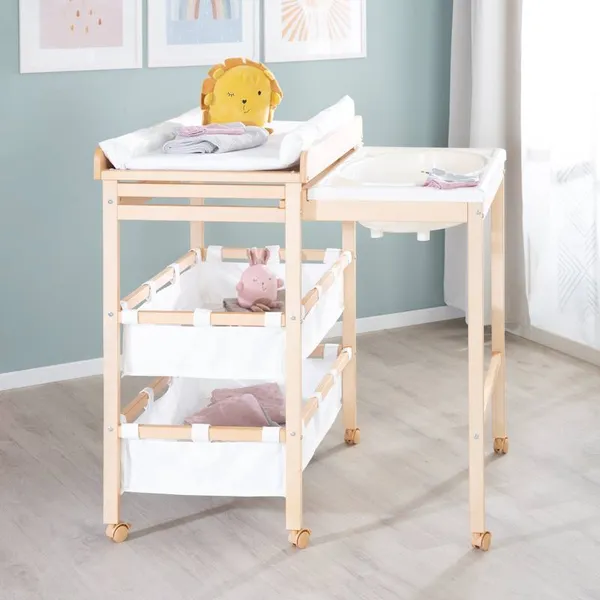 Table à langer avec baignoire coulissante + matelas à langer déperlant bois naturel / blanc - Roba