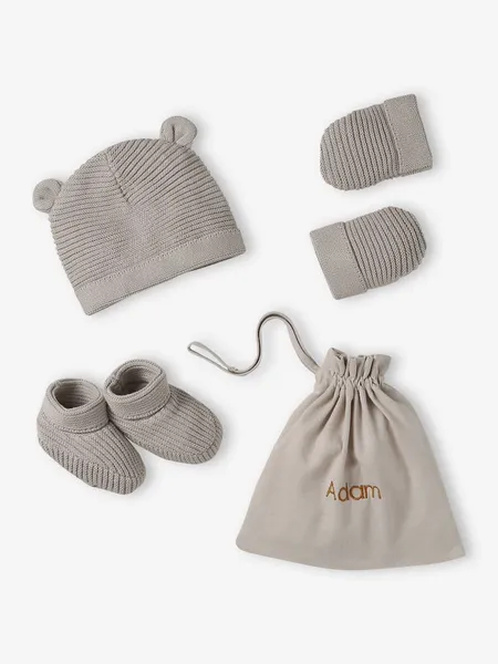Kit naissance bonnet, moufles et chaussons et son pochon personnalisable beige chiné - Vertbaudet