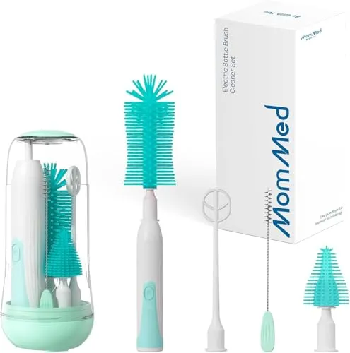 MOMMED goupillons électriques pour biberons, Brosse à biberon électrique rotative à 360°, Ensemble Comprenant Brosse en Silicone/Sucette/Paille et bâton mélangeur, Rechargeable, Vert