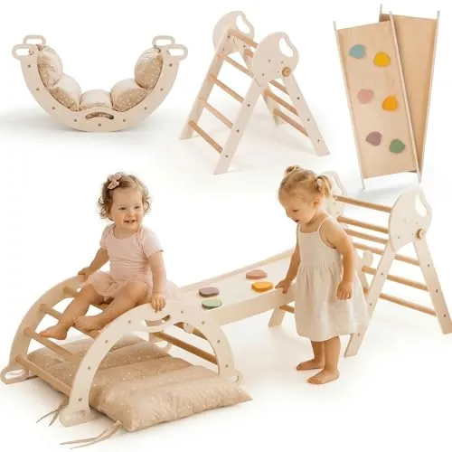 Goodevas Montessori Cadre d'escalade d'intérieur en bois avec toboggan – Triangle Pikler pliable pour les tout-petits, jouet d'intérieur sûr pour enfants de 1 à 3 ans
