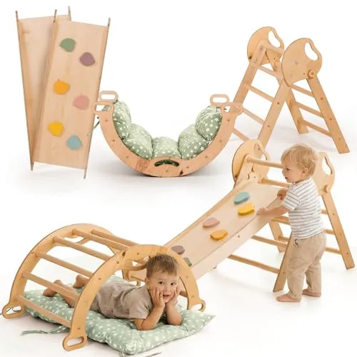 Goodevas Cadre d'escalade 5 en 1 pour enfants – Échelle triangulaire, arche d'escalade, planche d'équilibre et coussin