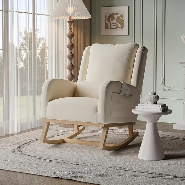 Fauteuil Allaitement en Tissu en Lin avec Pieds en Bois Massif,Beige