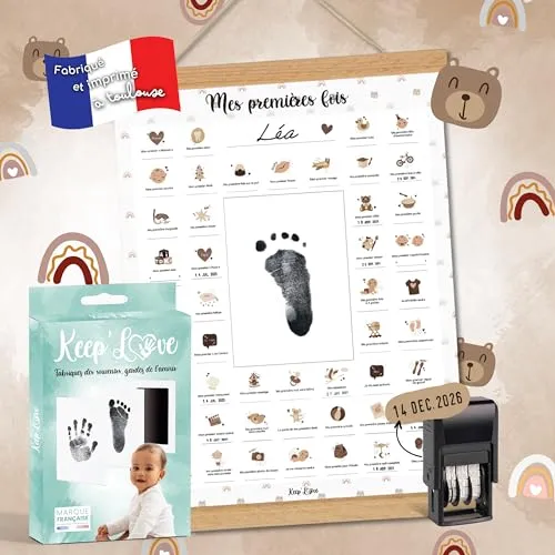 Affiche "Mes Premières Fois" à Tamponner, Cadeau de Naissance Bébé, Souvenir, Decoration Chambre Bebe, Baguettes Suspension, Kit Empreinte Bébé, Coffret Cadeau Baby Shower