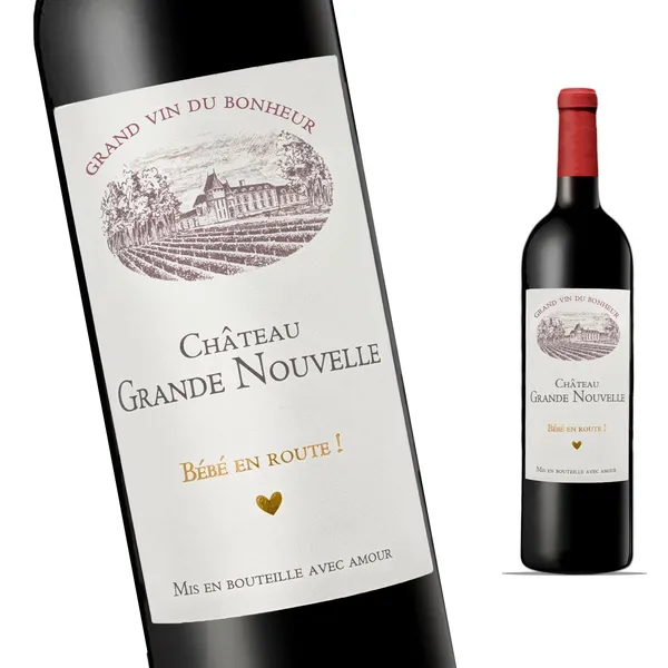 FunFest - Lot x4 Etiquettes Bouteille de Vin Annonce Grossesse - Ch&acirc;teau Grande Nouvelle - Famille et Amis (Style Vin rouge) : Amazon.fr: Cuisine et Maison