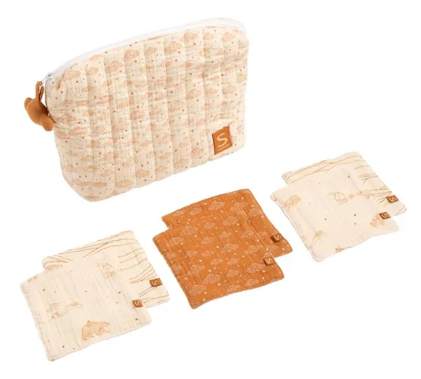 Trousse de toilette en double gaze de coton et carrés éponge 